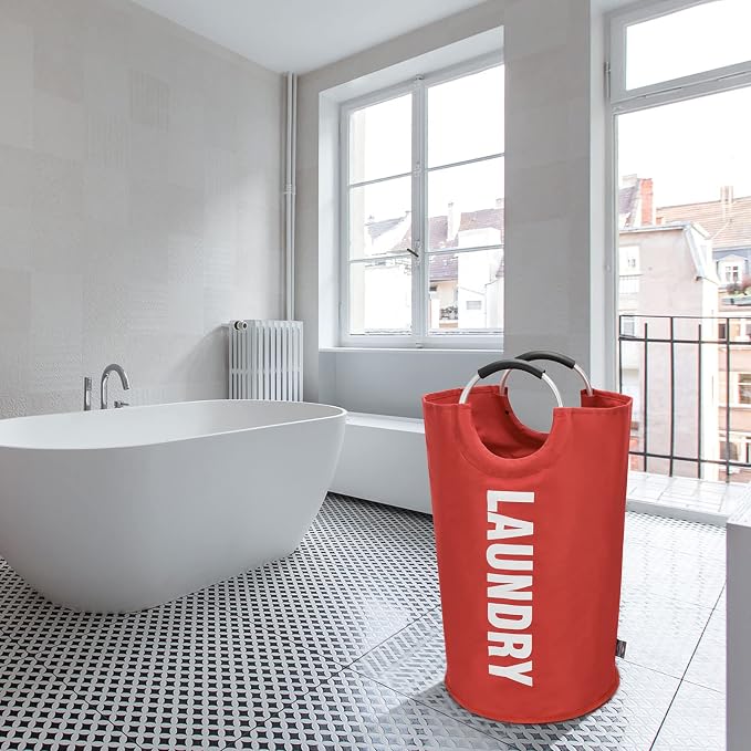 DOKEHOM 125L X-Large Laundry Basket Bag, Collapsible Tall Hamper, Red | Freestanding tall washing bin & foldable laundry bag. Extra large clothes storage basket with durable sturdy handles