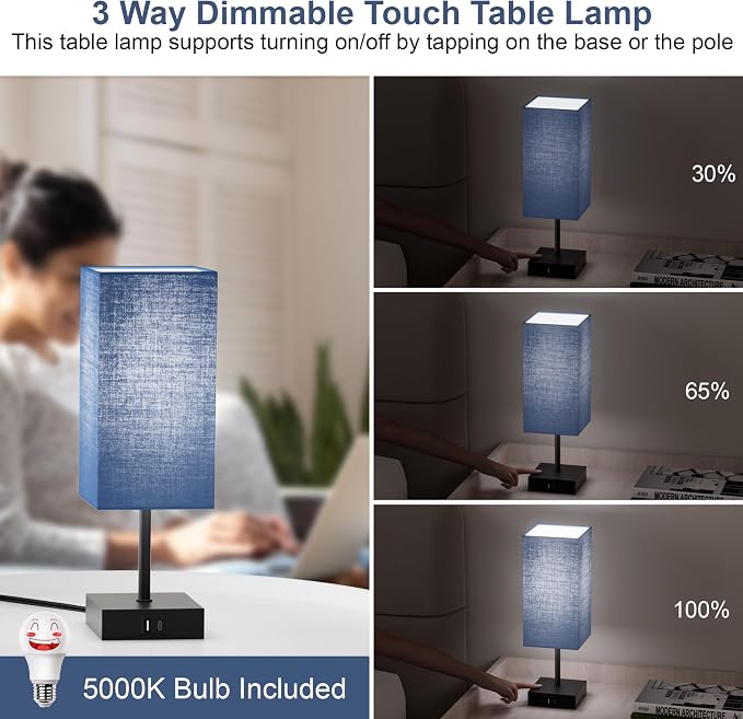 Touch Bedside Table Lamp for Bedroom, 14-Inch, Navy Blue Set of 2 | USB A+C Ports, Touch 3-Way Dimmable LED Bulb Included Fabric Lampshade Metal Base Small Nightstand Lamp for Desk Living Room