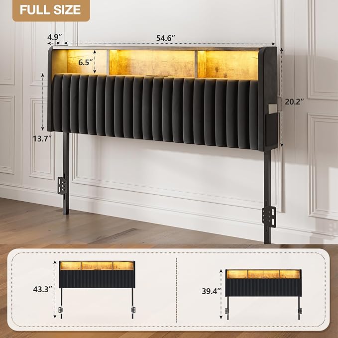 IKIFLY Velvet Full Size Storage Headboard Only, Adjustable Height, Black | Upholstered Head Board with LED Lights & Charging Station, Easy Assembly, Modern Freestanding Headboard, Attach Frame
