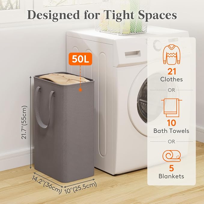 Lifewit Slim Collapsible Laundry Basket with Handles, 50L, Grey | Narrow Laundry Hamper for Dirty Clothes, Tall Thin Laundry Bin, Small Clothes Hamper for Bathroom, Bedroom, RV, Dorm