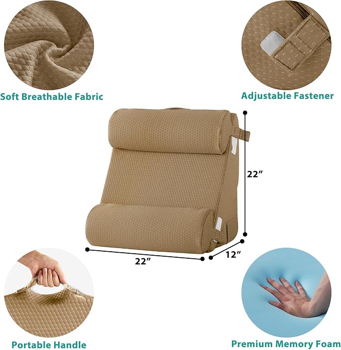 Adjustable 4pcs Bed Wedge Pillow Set, Memory Foam Wedges Pillow Post Surgery for Back, Neck, Leg Pain Relief, Pillows Wedge for Sleeping, Sitting up in Bed, Acid Reflux and GERD, Brown