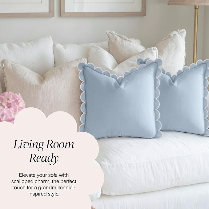 BEBE BASK Scalloped Pillow Cover Set of 2, 18x18, Cotton - Sky Blue/White | 100% Cotton, Scallop Pillow Covers, Grandmillennial Style, 18 by 18 Inch, Easy to Care, Machine Washable, Scalloped Pillows