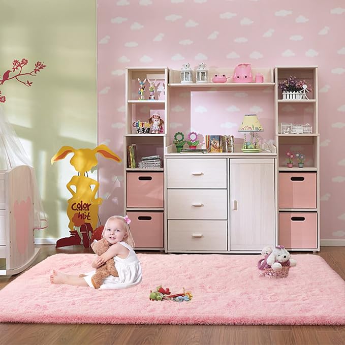 Pink Area Rugs for Living Room Bedroom Girls, 4x6 Soft Fluffy Fuzzy Shag Rug for Kids Room Bedside Rug, Indoor Floor Plush Cute Carpet for Baby, Nursery, Home Decor Aesthetic