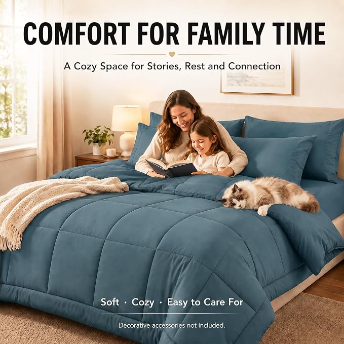 King Size Comforter Set Mineral Blue - 7 Pieces Bed in a Bag | OEKO-TEX Certified, All-Season, Bedroom, Guest Room, Down-Alternative Comforter + Flat & Fitted Sheets + 4 Pillowcases