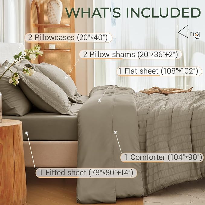 7 Pieces King Comforter Set, Seersucker Bed in a Bag King Size, All Season Luxury Bedding Set with Comforter, Flat Sheet, Fitted Sheet, Pillowcases & Shams, Linen