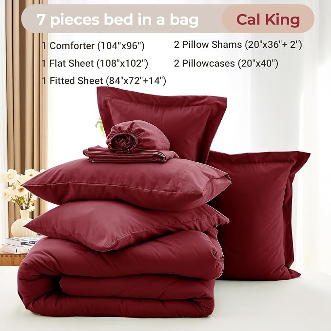 7 Pieces California King Comforter Set, Soft Bed in a Bag Cal King Size, All Season Bedding Set with Comforter, Flat Sheet, Fitted Sheet, Pillowcases & Shams, Burgundy Red