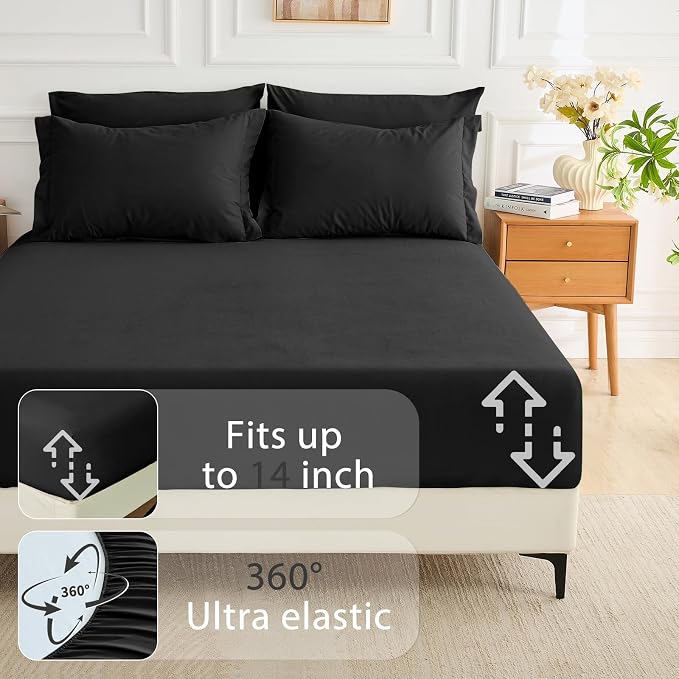 7 Pieces California King Comforter Set, Soft Bed in a Bag Cal King Size, All Season Bedding Set with Comforter, Flat Sheet, Fitted Sheet, Pillowcases & Shams, Black