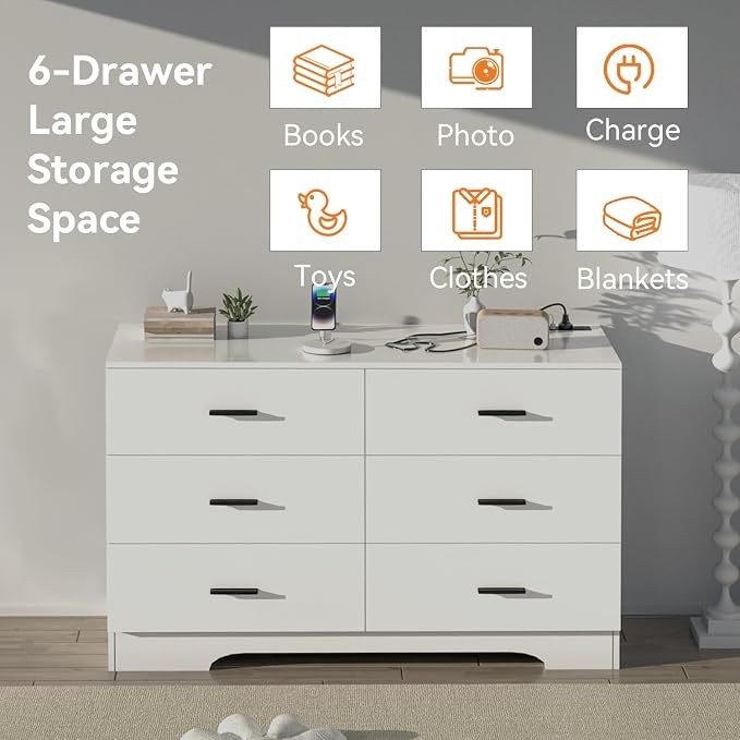 FJTJBSI Dresser with Power Outlets Wooden 6 Drawer Dresser with USB and Type C Port Chest of Drawers for Bedroom Tall White Storage Organizer for Living Room Hallway Closet