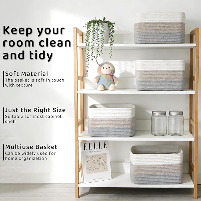 4 Pack Storage Baskets for Organizing, 11''Lx9''Wx8''H Woven Baskets for Storage Toys, Towels, Books, and Clothes, Cotton Rope Basket for Shelves with Handle