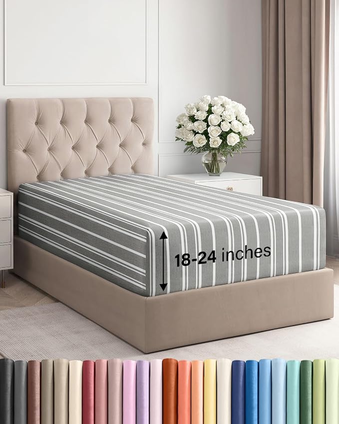 Deep Twin XL Fitted Sheet - College Dorm Room Essentials - Grey Stripes | Easily Fits 18 inch to 24 inch Mattress, Wrinkle Resistant, Soft, Breathable & Comfy, Extra Deep Pockets Fitted Sheet