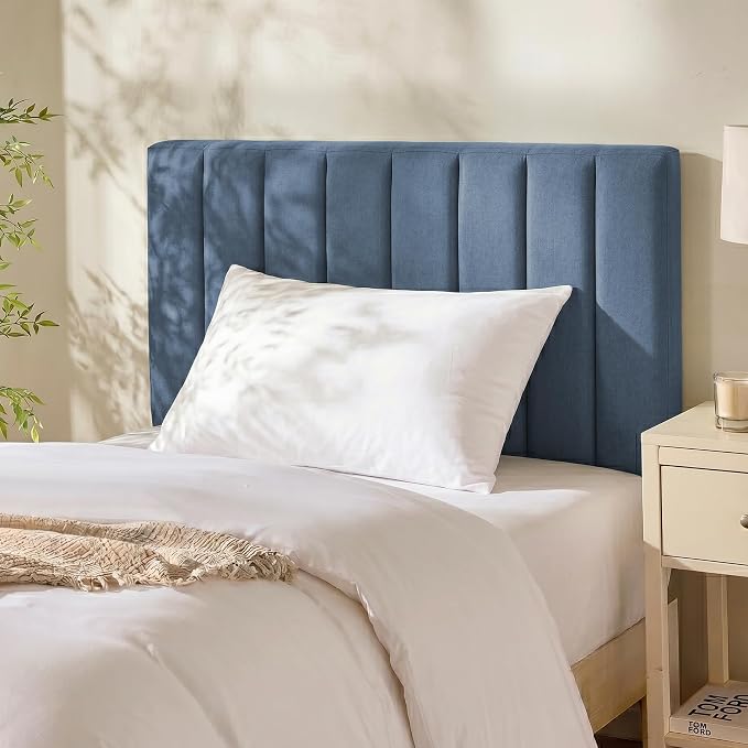 Hearth & Harbor Wall Mounted Twin Headboard Only, Bed Headboard Twin Size | Easy Assemble, Floating Peel and Stick, Upholstered, Channel Stitched, 3D Wall Panels, 5 Strips of 3M Tape Included, Blue