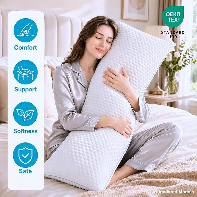 Shredded Memory Foam Long Body Pillows for Adults, 20 x 54 inches, 1-Pack | Adjustable Firm, Supportive, Breathable, Hypoallergenic, Odorless, Luxury, Cooling Gel pillows for Side Back Stomach Sleepers
