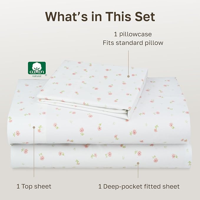 California Design Den Soft 100% Cotton Sateen Twin Size Sheet Set, 3 Pcs | 400 Thread Count Backed by Good Housekeeping Seal, All-Around Elastic, Durable, Easy Care - Soft Floral Print