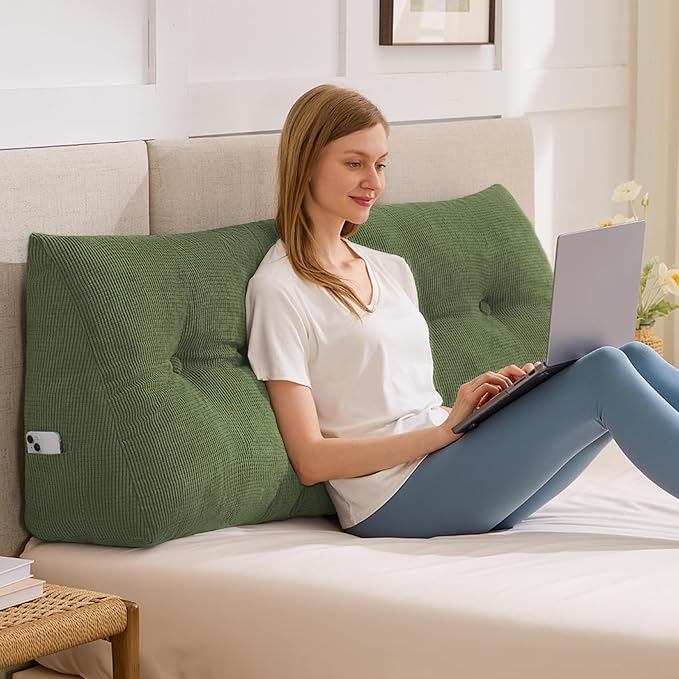Headboard Pillow King, Wedge Pillow Headboard, Forest Green | Triangle Backrest for Headboard, Bed Pillow for Sitting Up Reading Working, Removable Cover, Side Pockets, for Bed Dorm Sofa