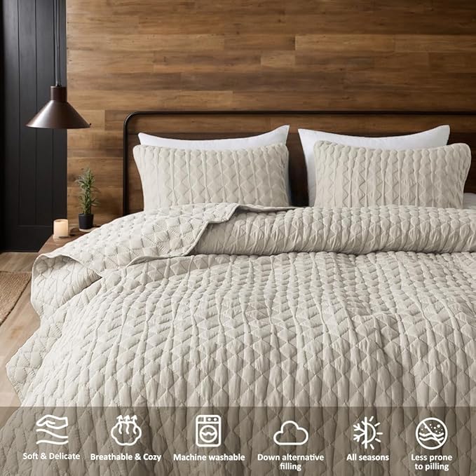 WDCOZY Light Beige Twin Size Quilt Bedding Set with 1 Pillow Sham, Lightweight Soft Bedspread Coverlet, Thin Comforter Bed Cover for All Season, 2 Pieces, 68x90 inches