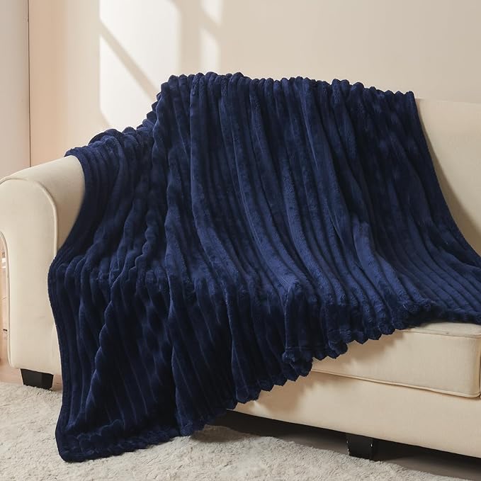 NEWCOSPLAY Fleece Ribbed Cozy Throw Blanket for Couch, Dark Navy, 50"x60" | Premium Silky Flannel Blanket, Soft Lightweight Fluffy Throw Blanket for Bed Sofa Decor, Gift for All Season Use