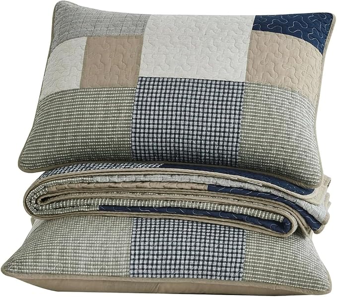 Chezmoi Collection Addy 3-Piece Navy Blue White Gray Taupe Plaid Patchwork Quilt Set - Pre-Washed Cotton Quiltd Lightweight Reversible Bedspread for All Seasons, Oversized King Size