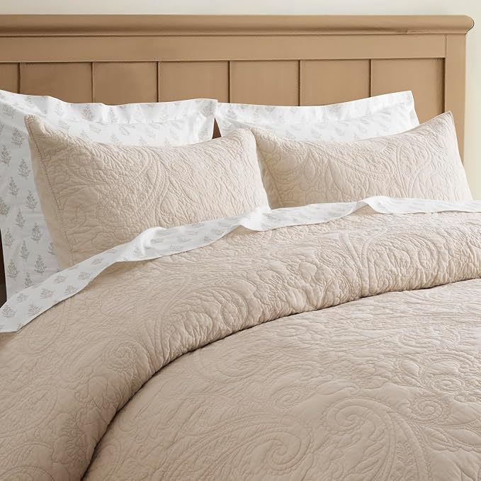 EVERGRACEHOME 100% Cotton Paisley Quilt Set, Queen Size, Flax Beige | Prewashed for Softness, Year-Round Breathability, Gift-Ready Box, Matelasse-style Quilted Coverlet, 3 Piece Set with 2 Shams
