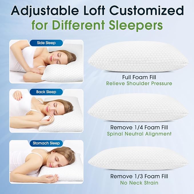 CushyOasis Cooling Pillow for Sleeping, Pillows King Size Set of 2, Gray | CertiPUR-US Shredded Memory Foam Pillows, Cool Bed Pillow for Hot Sleepers, Adjustable Firm for Side, Back, Stomach Sleepers