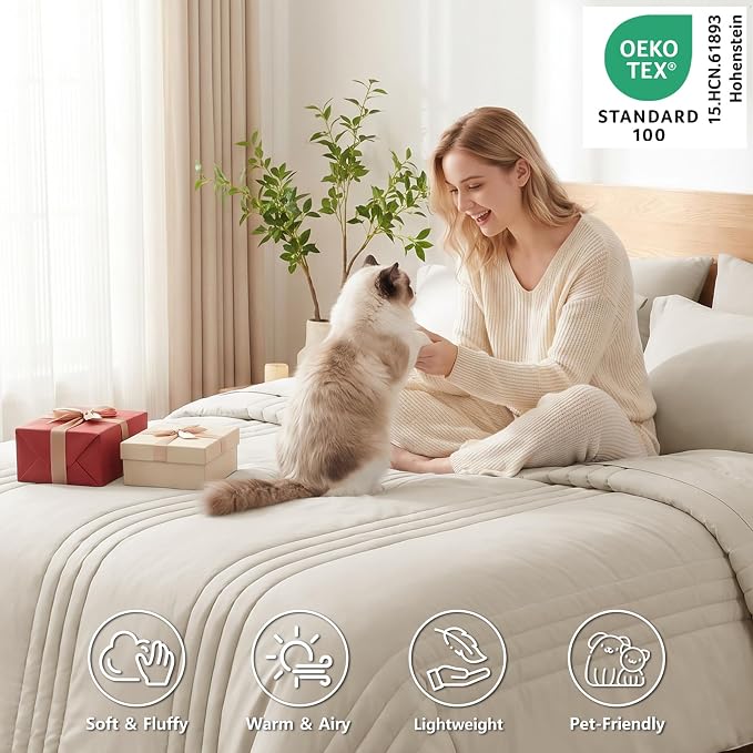 Super King Comforter Set Beige - Oversized 120x120 Bed in a Bag | Fuller King-Bed Coverage, 240GSM Down-Alternative Fill, 14" Deep-Pocket Sheets, Shams & Pillowcases, Lightweight