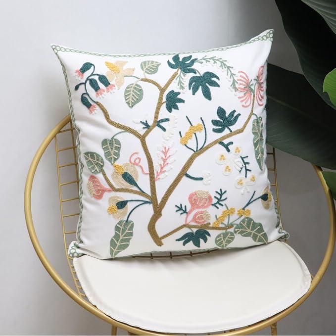 Pack of 2 Embroidered Decorative Throw Pillow Cover 18x18 Inch Farmhouse Floral Pillowcase for Living Room Sofa Bed (Spring Tree Floral)