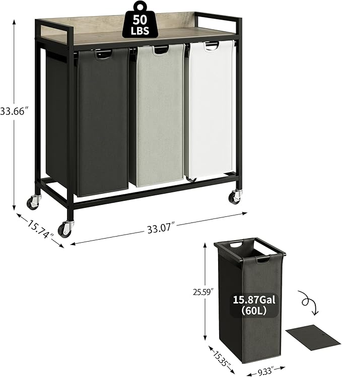 Herture Laundry Hampers with Shelf, Laundry Basket 3 Section, 3 x 15.87 Gal | Laundry Sorter with Pull-Out Removable Large 3 Color Bags and Movable Wheels, Metal Frame, Greige PF04XLZ