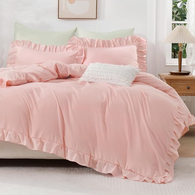 Andency Blush Ruffle Duvet Cover Queen, Shabby Chic Farmhouse Bedding Set | 3 Pieces Soft Washed Polyester Vintage Ruffled Comforter Cover Set with Zipper Closure & Corner Ties, 90x90Inch