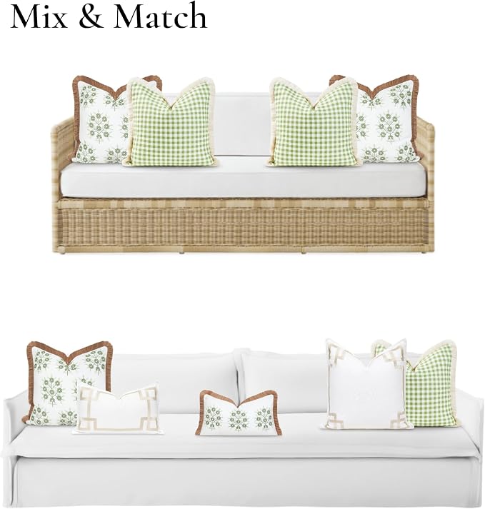 Hofdeco Premium Coastal Patio Indoor Outdoor Throw Pillow Cover Only, 20"x20" Water Repellent for Backyard, Couch, Green Embroidered Floral with Fringe