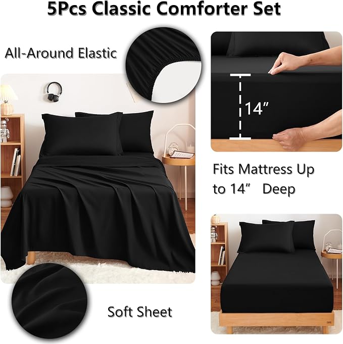 Twin Comforter Set Black - 5 Pieces Complete Bedding Set | OEKO-TEX Certified, All Season, Teen, Single, Dorm, 240GSM Down-Alternative Comforter, Sheets, Pillowcase & Sham, Easy Care