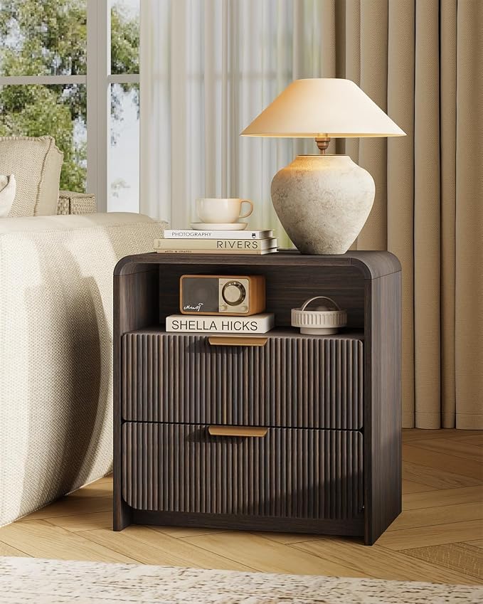 24" 2 Drawers Fluted Nightstand Set of 2, Black Walnut | 2 Drawer Bedside Table with Open Shelf, Metal Handles & Charging Station, Curved Profile End Table for Bedroom