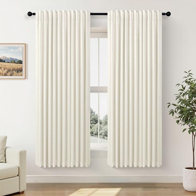 Cream Linen Blackout Curtains by Size 70 Inches Wide x 63 Inch Length Extra Wide Black Out Curtains for 72 Inches Width Bedroom Living Room Darkening Light Blocking Thermal Ivory Off White Drape 70x63