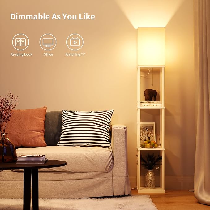 SUNMORY Floor Lamp with Shelves, Standing Lamps for Living Room, White | 3 CCT LED Bulb Include, 4-Tier Display Bookshelf, 63" Tall Corner Shelf Lamp, Modern Style for Bedroom, Office, Home Decor