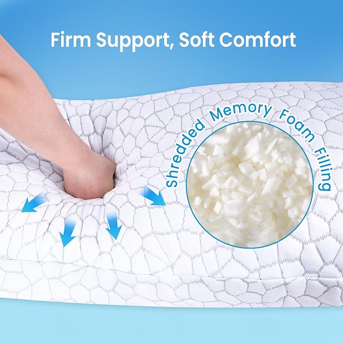 QUTOOL Cooling Pillow for Sleeping, CertiPUR-US Shredded Memory Foam Full Body Pillow Set of 1, Long Pillow for Bed with Removable Double-Sided Soft & Cool Cover, Soft Yet Support,White