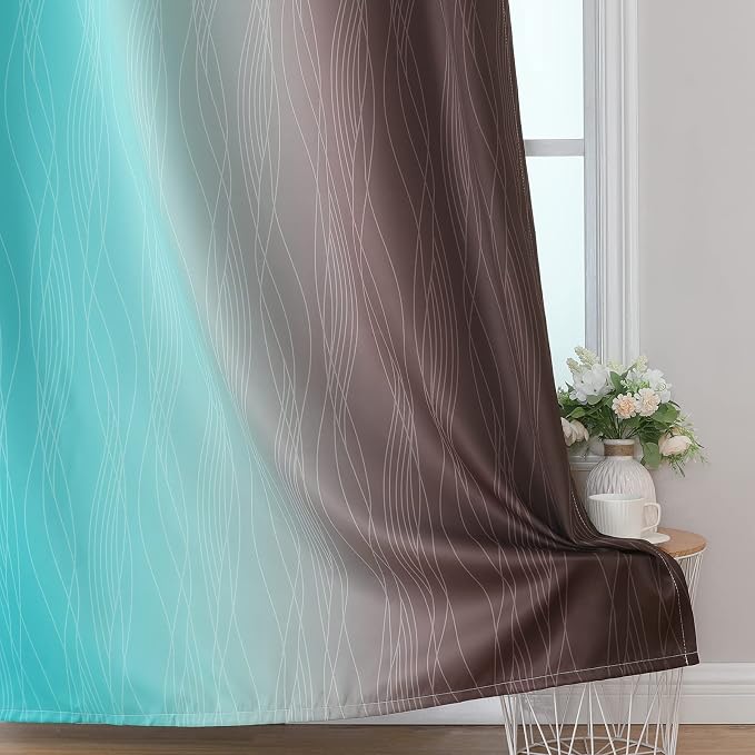 Brown and Teal Ombre Blackout Curtains for Bedroom 96 Inch | Light Blocking Gradient Curtains for Living Room,Thermal Insulated,Room Darkening Grommet Window Drapes,52Wx96L,2 Panels Set