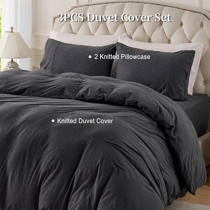 PURE ERA Jersey Knit Sheet Set Heather Charcoal Grey King | 100% Cotton, 3 Piece Set, T Shirt Soft, Breathable, Envelope Closure Pillowcases, Hidden Zipper, 8 Ties, No Insert, Modern