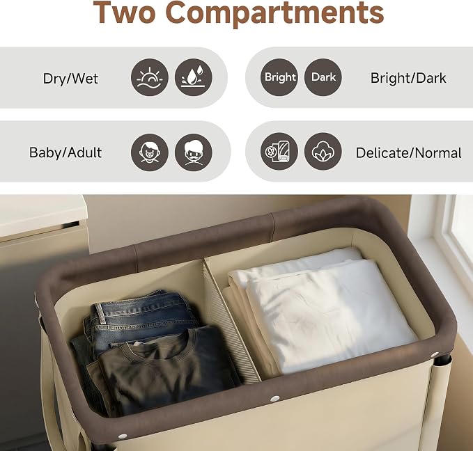 StorageWorks 2 Section Laundry Hamper, 100L Tan Sorter Cart with Wheels | 2 Section Laundry Hamper with Wheels, Tan Sorter Cart, Rolling Organizer for Bedroom, Bathroom, Apartment