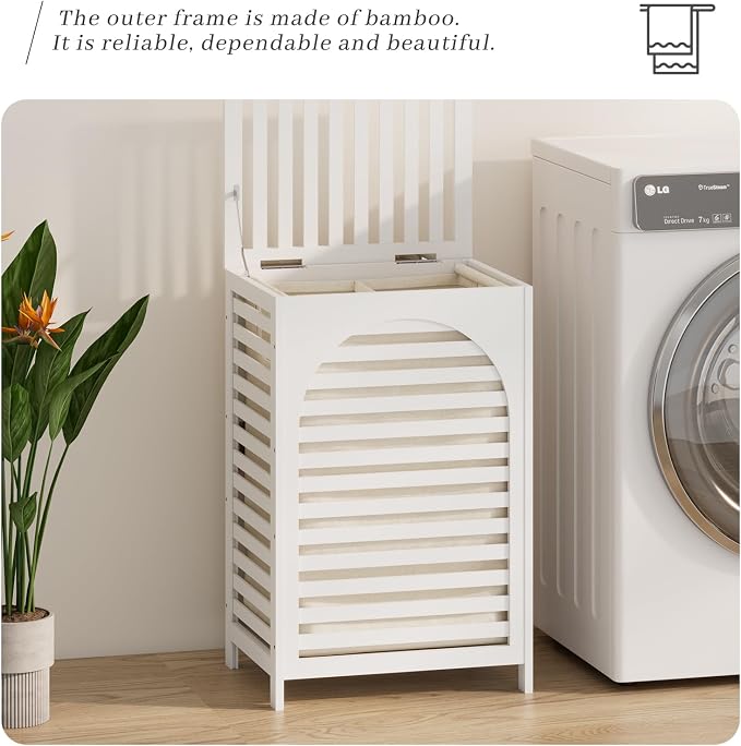 Laundry Hamper with Lid,Bamboo Large Waterproof Clothes Laundry Basket,Removable Washing Bags with Handles,clothes basket (White)