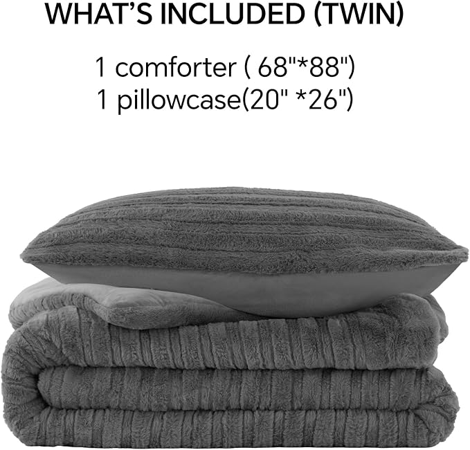 BEDELITE Faux Fur Twin/Twin XL Comforter Set, Fluffy Bed Set, Grey | Super Soft & Warm, Luxury Fuzzy Cozy Comforter for Winter, Heavy Plush Bed set, with 1 Pillowcase