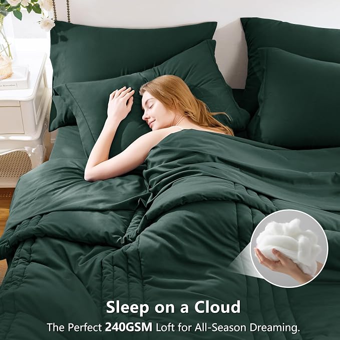 Queen Comforter Set Forest Green - 7 Pieces Bed in a Bag | OEKO-TEX Certified, 240GSM Down-Alternative Comforter, 14" Deep-Pocket Sheets, Shams & Pillowcases, Lightweight
