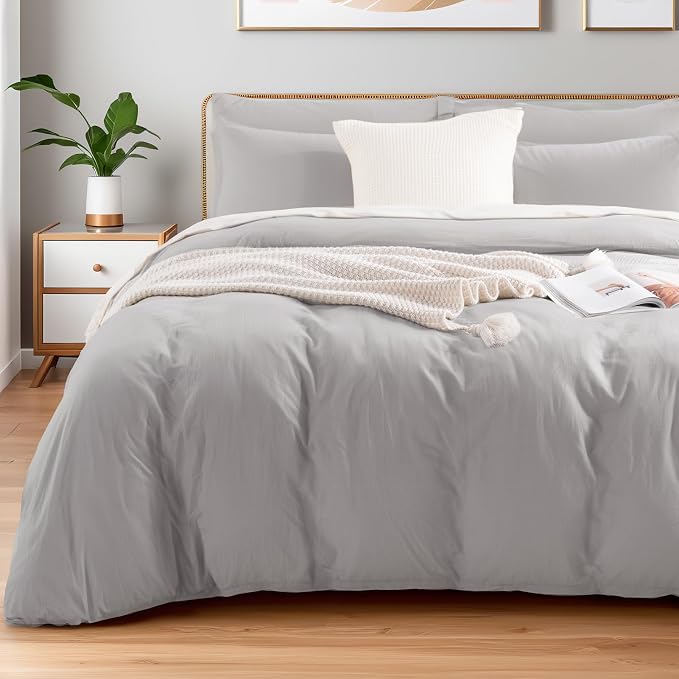 NEXHOME PRO Duvet Cover Set Queen Size Linen Feel Textured Organic Natural 100% Washed Cotton Duvet Cover 3 Pieces Bedding Set with Zipper Closure, Breathable, Soft, Light Grey (No Comforter)