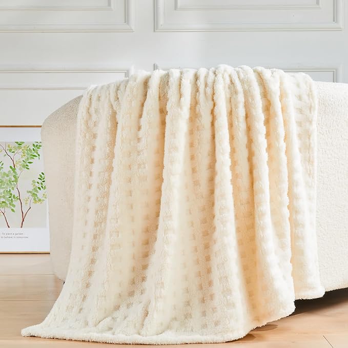 NEWCOSPLAY 3D Waffle Checkered Flannel Twin Blanket, Ivory, 60"x80" | Super Soft Cute Lightweight Decorative Premium Silky Fleece Blanket for Couch Sofa Bed, Gift for Women Men, All Season Use