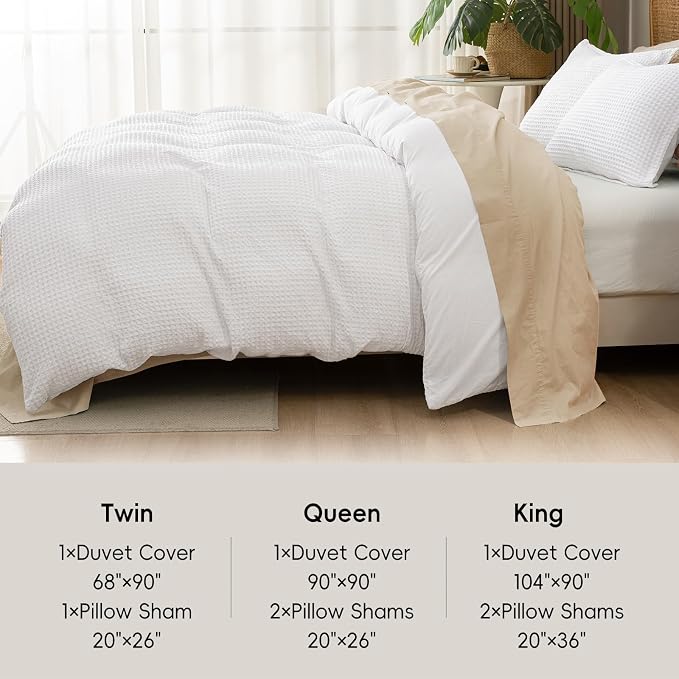 David's Home Soft Textured Waffle Weave Duvet Cover Set, Twin Size, White | Breathable Cozy for All Season, 300GSM, 2PCS Home Bedding Decor, OEKO-TEX Certified, Hidden Zipper, 6 Corner Ties, 68" X 90"