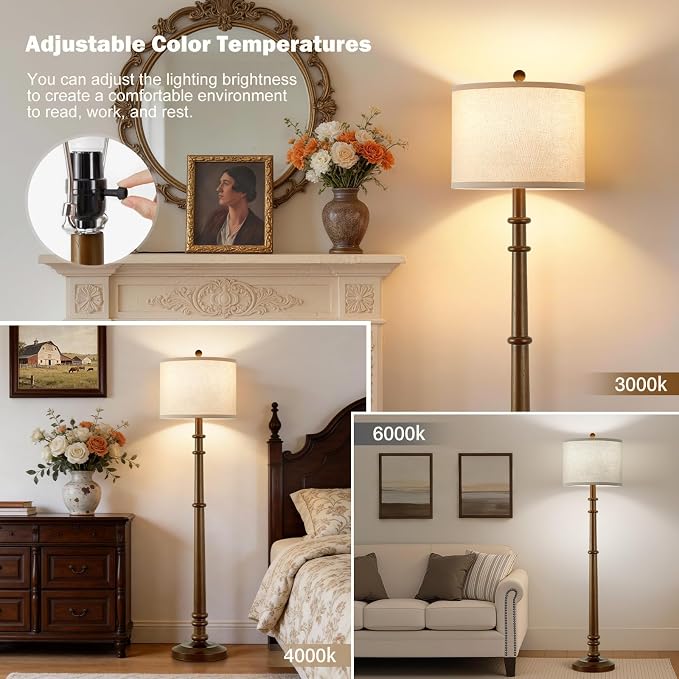 Floor Lamps for Living Room - 60" Farmhouse Floor Lamp with Adjustable Color Temperatures - Vintage Standing Lamp Reading Light with Linen Shade Rustic Tall Lamp for Bedroom Office, Wood , Walnut