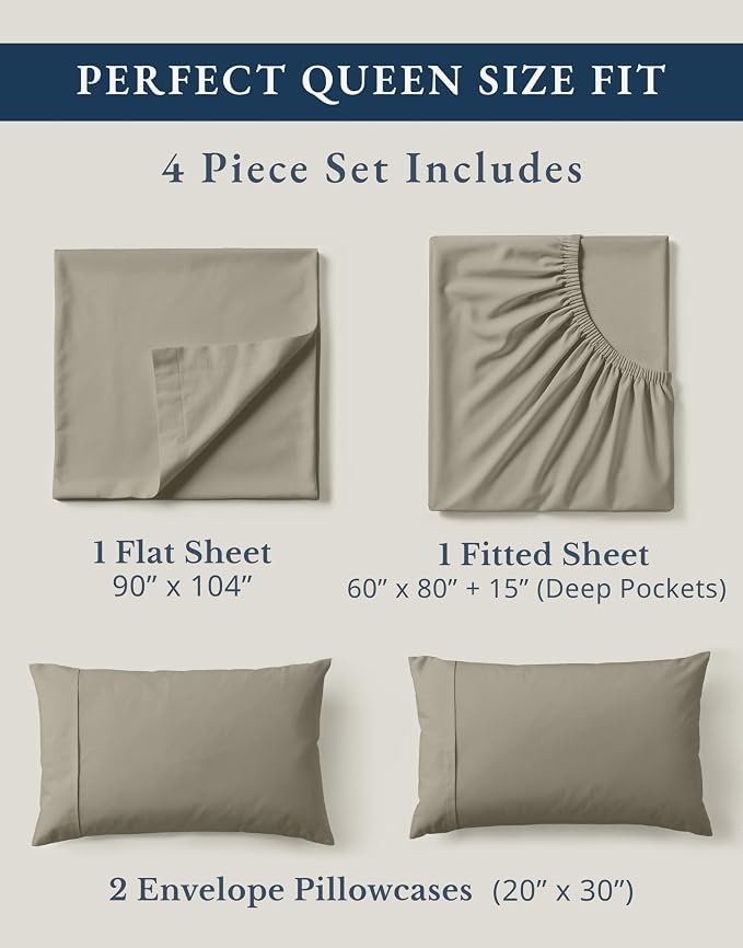Lane Linen Queen Bed Sheets 100% Organic Cotton Percale Cooling - Silver