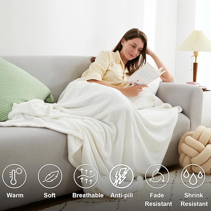 Hansleep Throw White Fleece Blanket, Soft Flannel Bed Blanket | Fuzzy Cozy Blanket 50x60 Inches, Multi-use for Bed, Sofa, Couch, Travel, Camping, All Season Warm Lightweight Cover