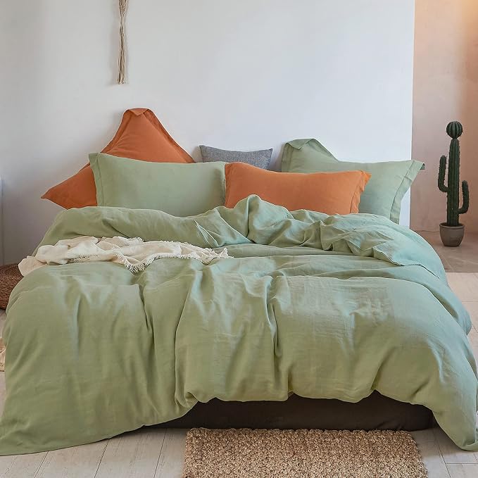 Simple&Opulence 100% Linen Duvet Cover Set 3pcs Basic Style Natural French Washed Flax Solid Color Soft Breathable Farmhouse Bedding with Button Closure - Sage Green, King