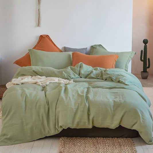 Simple&Opulence 100% Linen Duvet Cover Set 3pcs Basic Style Natural French Washed Flax Solid Color Soft Breathable Farmhouse Bedding with Button Closure - Sage Green, King