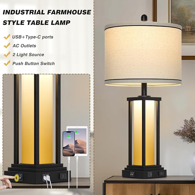 Cinkeda 27" Tall Vintage Table Lamp Set of 2 with USB C+A & Outlet,Farmhouse Nightstand Lamp for Living Room,Rustic Retro Bedside Lamps with Red-Orange Glass Night Light for Bedroom Entryway,Black-2