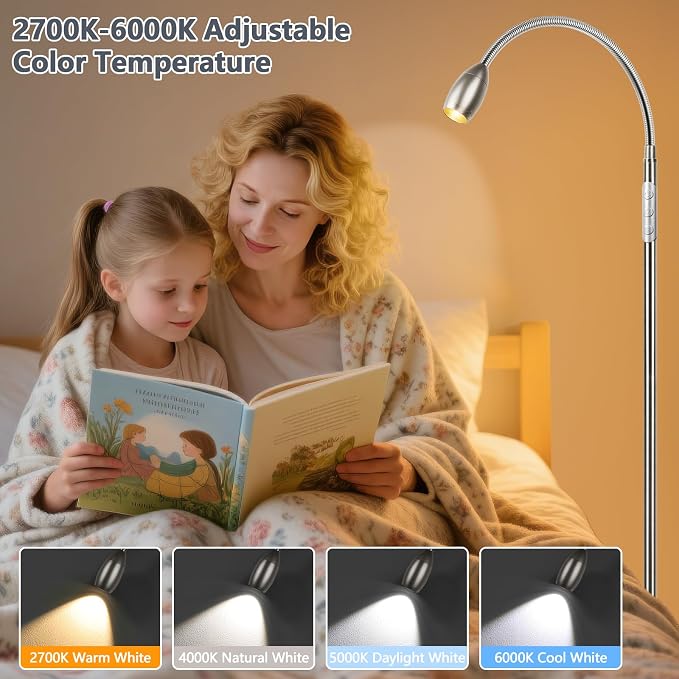 Reading Floor Lamp, 72" LED Dimmable Lamp with Gooseneck,Zoomable Spotlight | Adjustable Color Beam Standing Lamp, Touch & Remote Control, Task Craft, Sewing, Bedroom Living Room, Office, Brushed Nicke