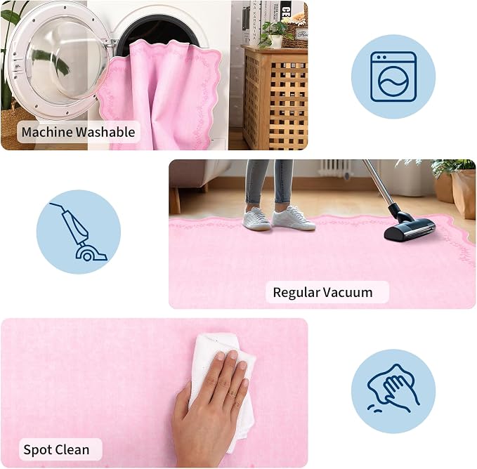 GarveeHome 5x7 Scalloped Area Rug Pink Washable Bedroom Living Room Rug | Soft Floral Low Pile Non Slip Accent Floor Mat Solid Print Throw Rug Indoor Carpet for Dining Room Dorm Playroom